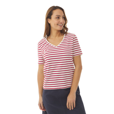 T-shirt rayé col V à manches courtes rouge chili | Mousqueton