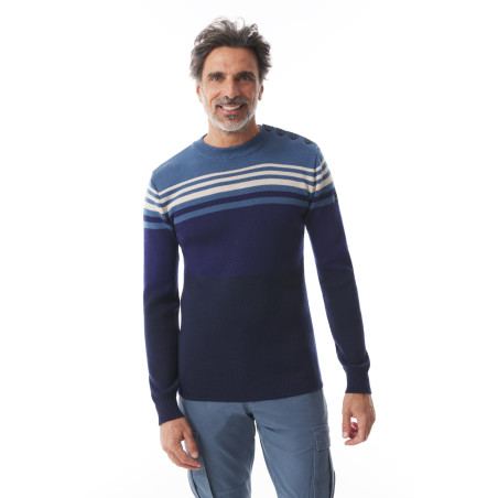 Men's gray and blue striped wool sweater made in France | Mousqueton