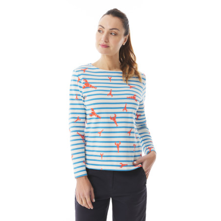 Marinière bicolore femme bleu ciel motifs homard | Mousqueton