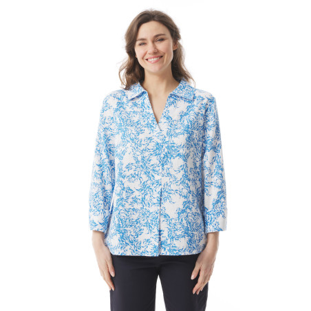 Blouse Femme col V à motifs poissons bleu ciel | Mousqueton