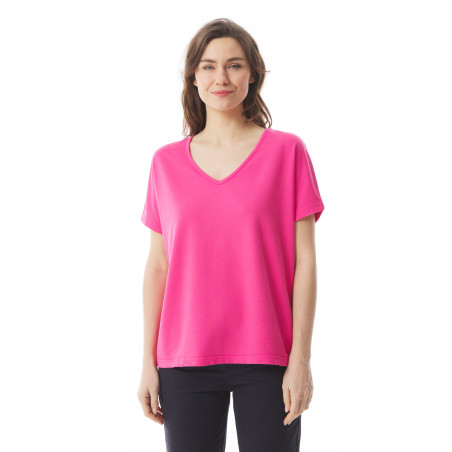 T-shirt col V femme en coton bio rose fuchsia I Mousqueton