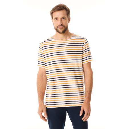 Men's short-sleeved striped T-shirt in orange-yellow and navy blue | Mousqueton