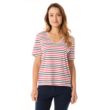 T-shirt col V rayé à manches courtes rouge et bleu marine | Mousqueton