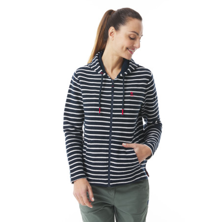 Sweat zippé femme à capuche en molleton rayé marine blanc | Mousqueton