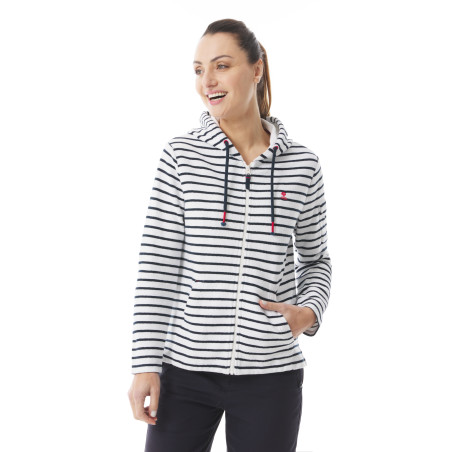 Sweat zippé femme à capuche en molleton rayé blanc marine | Mousqueton