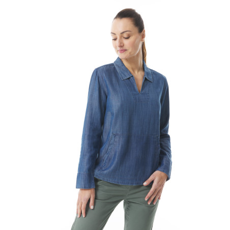 Blouse à poches bleue denim pour femme en tencel | Mousqueton