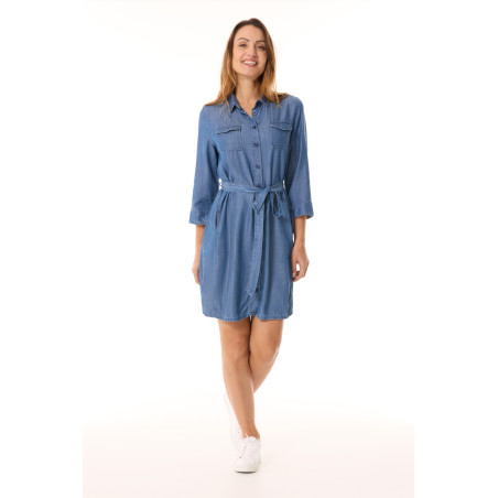 Robe chemise à manches 3/4 bleu denim en tencel | Mousqueton