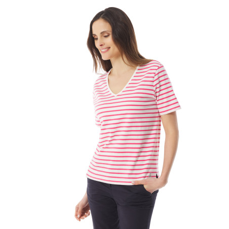 T-shirt rayé col V à manches courtes rose fuschia | Mousqueton