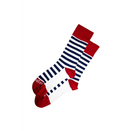 Chaussettes hautes en bambou rayées écru-bleu marine | Mousqueton