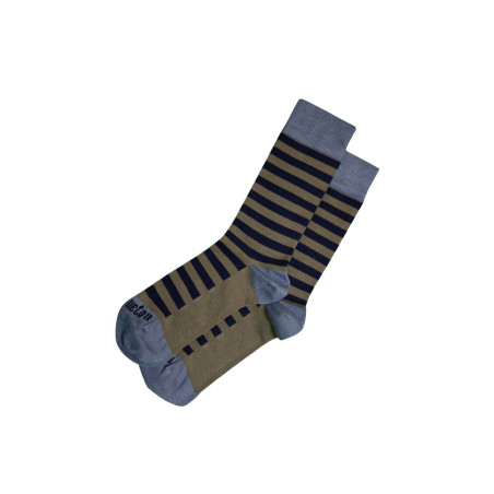 Chaussettes hautes en bambou rayées vert kaki-bleu marine | Mousqueton