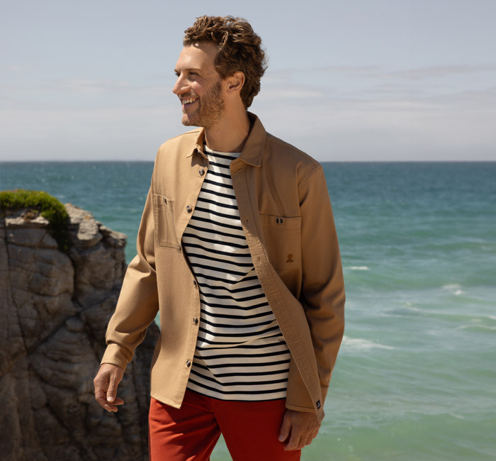 Man wearing a long-sleeved beige shirt