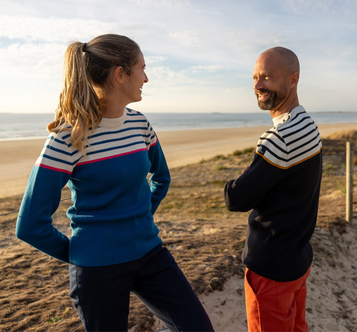 Woman and man wearing sailor sweaters