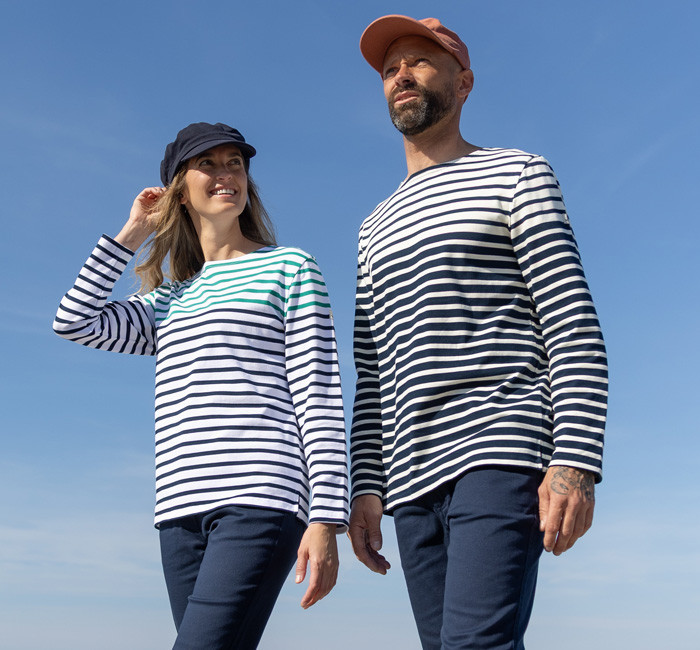 Man and woman wearing Mousqueton breton stripe t-shirt