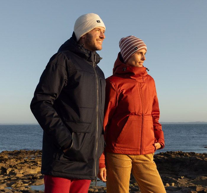 Man and woman wearing winter jackets